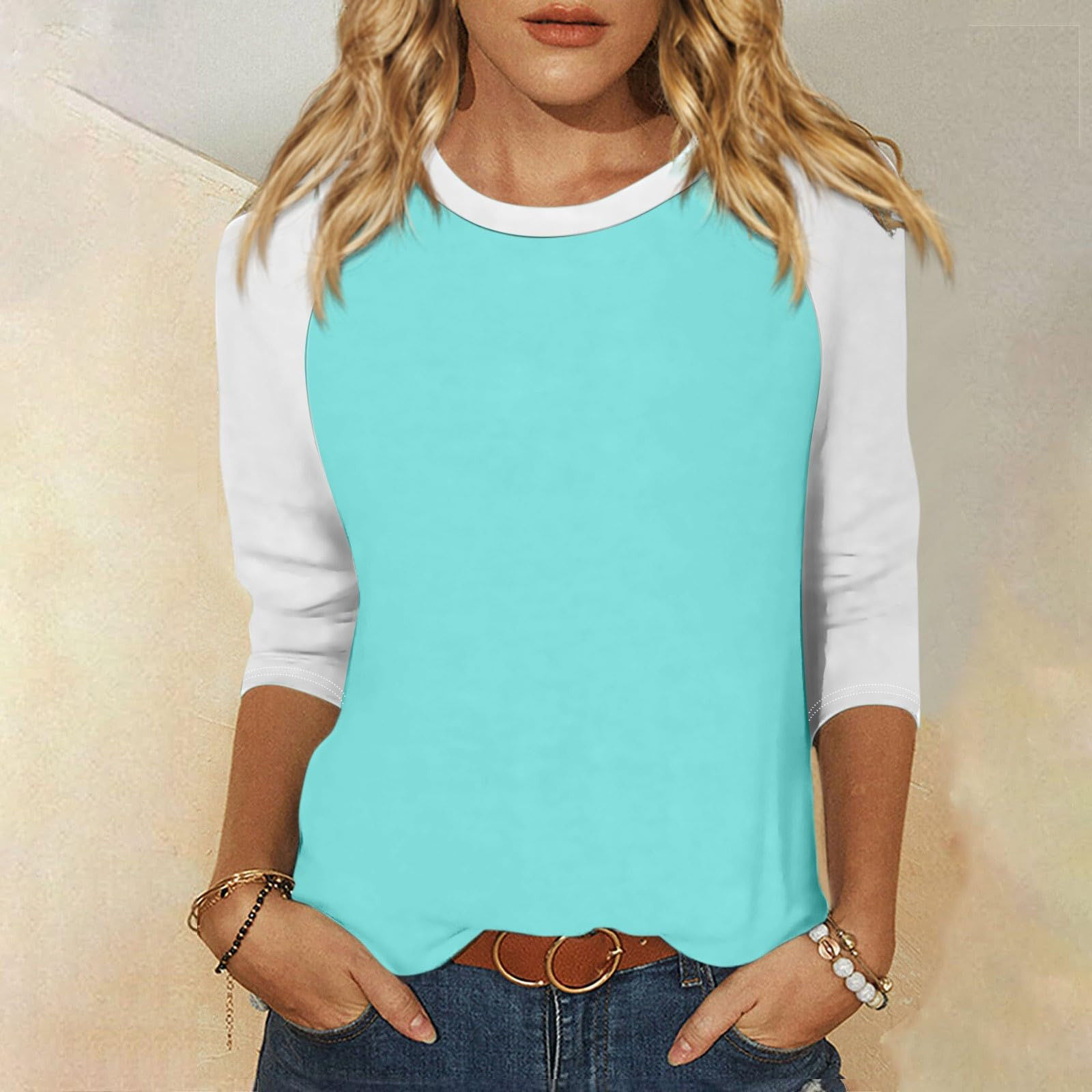 thumbnail image 2 of Camiseta raglán de manga 3/4 para mujer: cuello redondo, estampado informal, versátil para todas las estaciones (S-XXL), 2 of 5